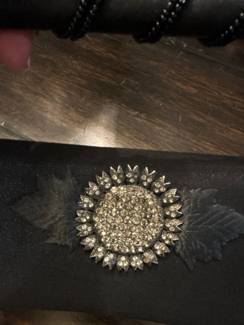Cache Black Satin Evening Clutch with Crystal Sunburst